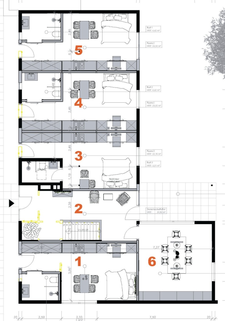 25 sqm furnished ground floor apartment No. 5, with front and rear garden, large balcony door, bathroom, fitted kitchen and washing machine for rent near the university